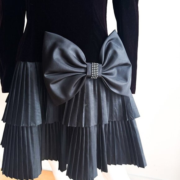 Vintage Algo Boutique Black Burgundy Shift Velvet Pleated Skirt Cocktail Dress S - Picture 5 of 7